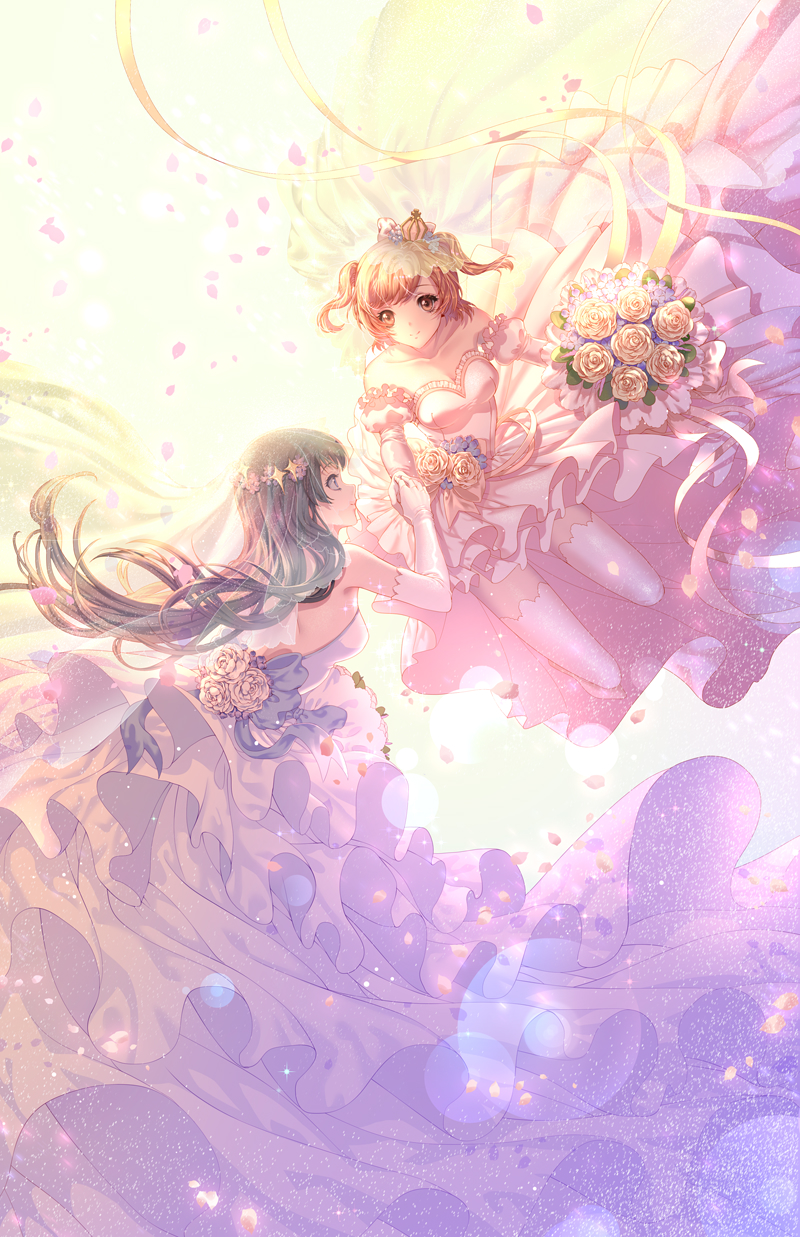 hei yu, aijou karen, kagura hikari, shoujo kageki revue starlight, chinese commentary, commentary, highres, 2girls, back bow, bare back, bare shoulders, black hair, bloom, blue bow, blue dress, blue eyes, blue flower, bouquet, bow, breasts, bridal veil, bride, brown hair, closed mouth, collarbone, crown, detached sleeves, dress, dress flower, elbow gloves, falling petals, floating, floating hair, flower, frilled dress, frilled sleeves, frills, gloves, hair bow, hair flower, hair ornament, high-low dress, holding, holding bouquet, holding hands, light particles, long hair, looking at another, mini crown, multiple girls, petals, pink bow, pink dress, pink gloves, pink thighhighs, puffy detached sleeves, puffy sleeves, ribbon, rose, short hair, smile, sparkle hair ornament, strapless, strapless dress, thighhighs, tilted headwear, two side up, veil, wedding dress, white gloves, wide shot, wife and wife, yellow background, yellow ribbon, yuri, zettai ryouiki