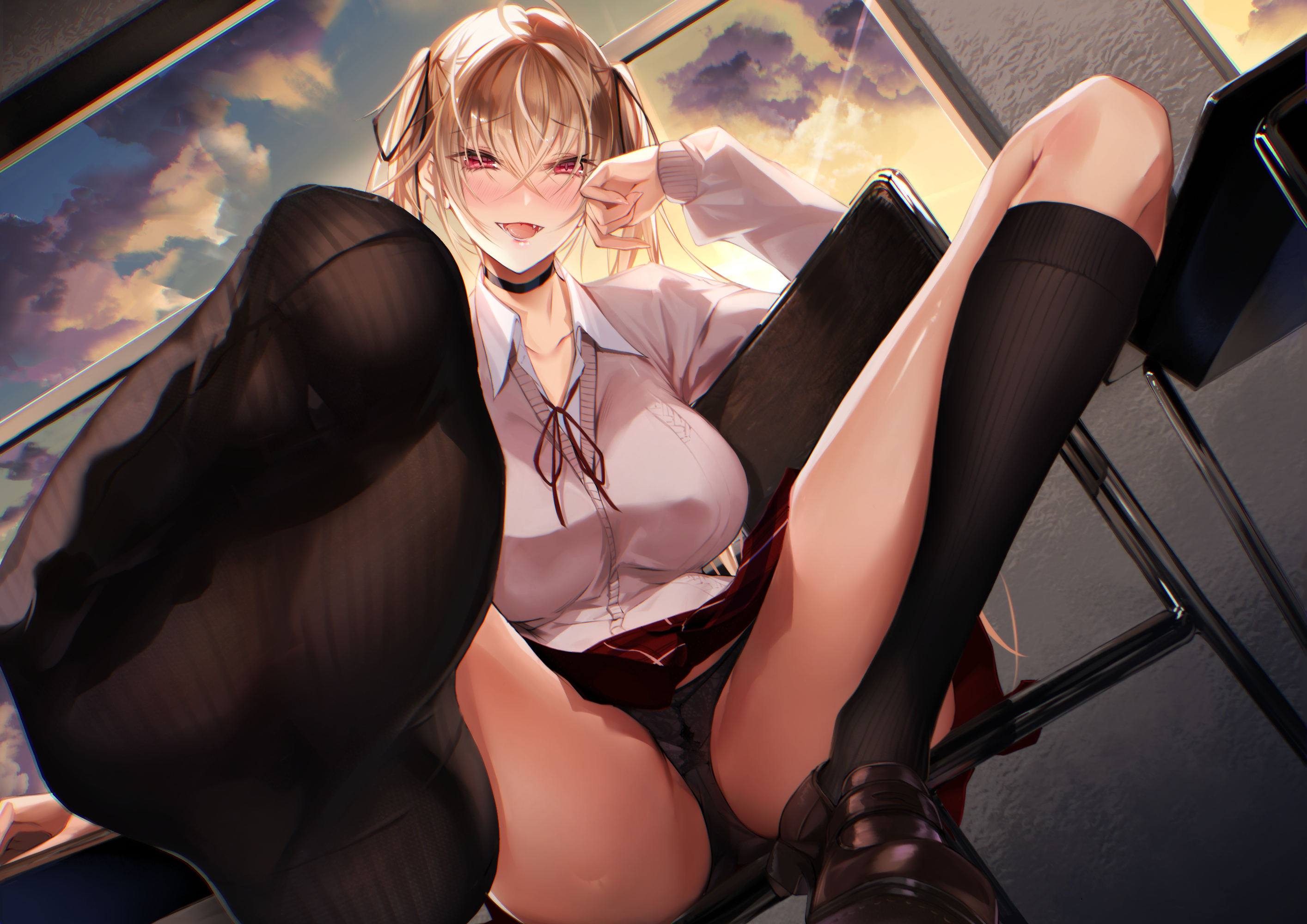 eichi (yashokuya), highres, 1girl, black socks, blonde hair, blush, breasts, classroom, feet, large breasts, loafers, long hair, looking at viewer, open mouth, panties, pantyshot, red eyes, shoes, socks, soles, toes, twintails, underwear