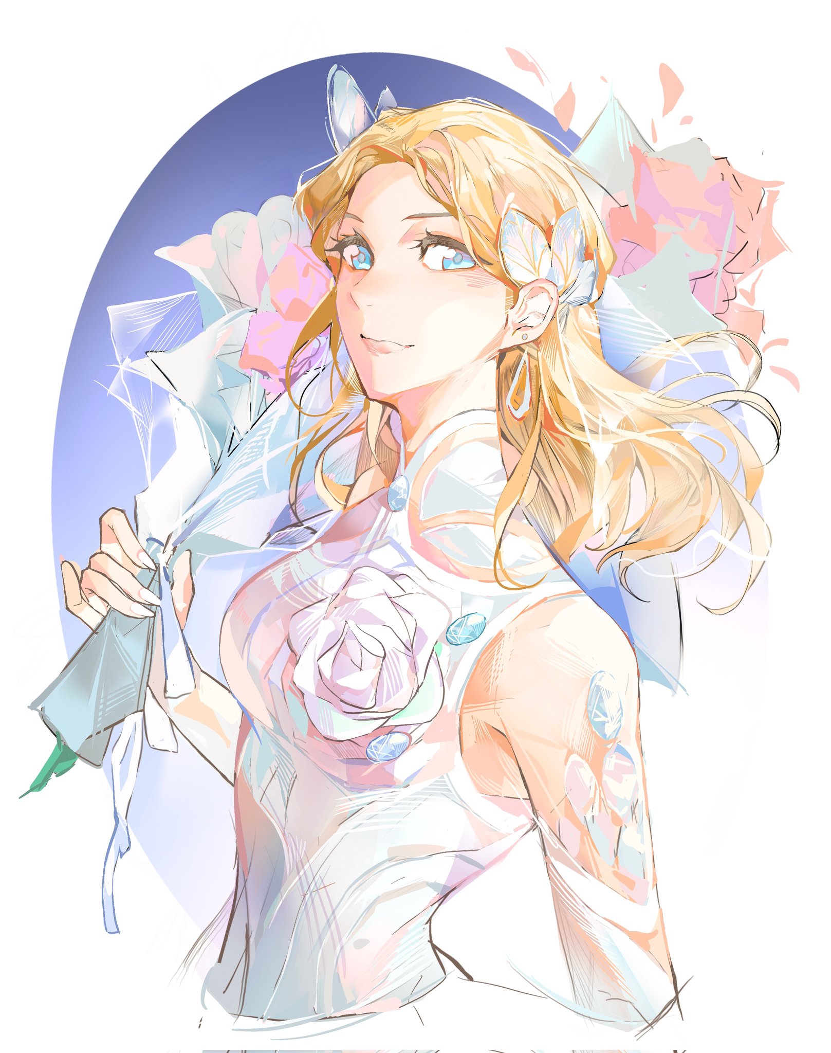 songtanshui02, sue storm, sue storm (the life fantastic), fantastic four, marvel, marvel rivals, hashtag-only commentary, highres, 1girl, blonde hair, blue background, blue eyes, bouquet, bridal gauntlets, dress, dress flower, earrings, flower, gradient background, holding, holding bouquet, jewelry, long hair, looking at viewer, official alternate costume, rose, sleeveless, sleeveless dress, solo, teardrop earrings, upper body, veil, wedding dress, white background, white bridal gauntlets, white flower, white nails, white rose