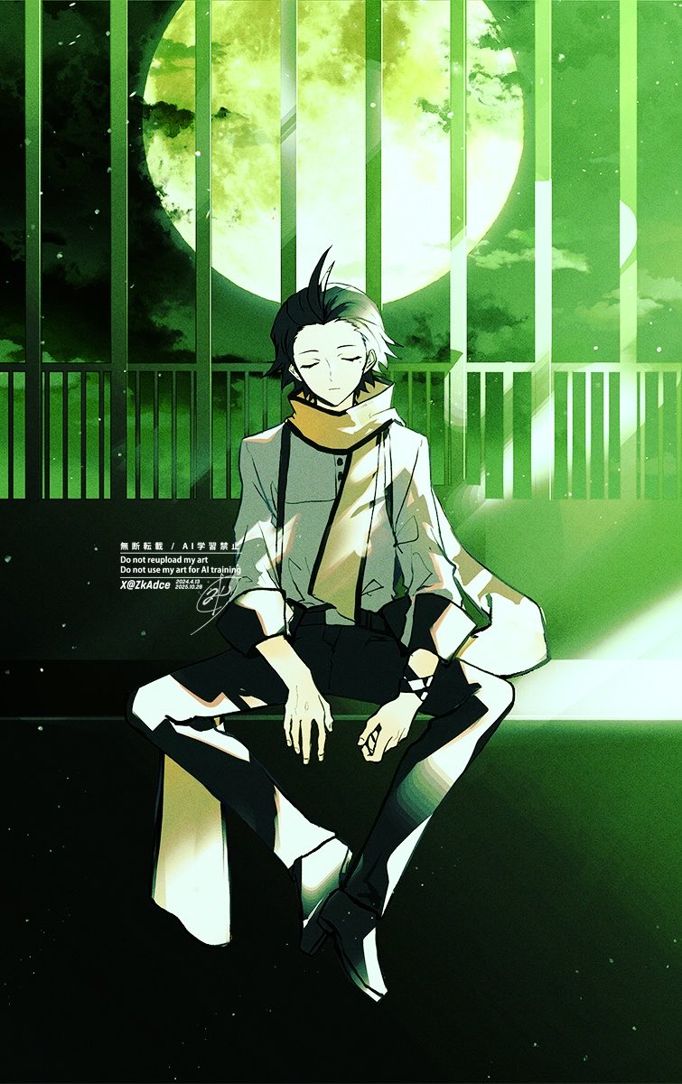 zeka (skzk cm), mochizuki ryouji, persona, persona 3, commentary, highres, redrawn, 1boy, antenna hair, black pants, black shoes, closed eyes, closed mouth, dated, dated commentary, expressionless, facing viewer, full body, full moon, hair slicked back, long scarf, male focus, mole, mole under eye, moon, night, night sky, pants, scarf, shirt, shoes, short hair, signature, sitting, sky, sleeve cuffs, solo, spread legs, twitter username, white shirt, yellow scarf