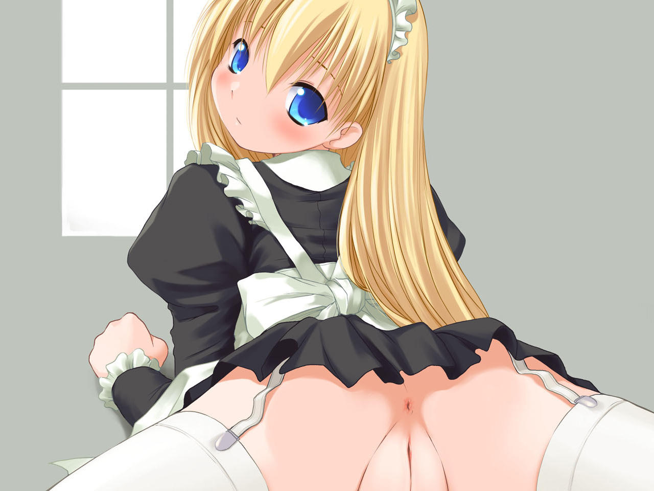 bosshi, character request, game cg, 1girl, anus, blonde hair, blue eyes, blush, cleft of venus, female focus, long hair, looking at viewer, maid, no panties, pov, pussy, solo, spread legs, thighhighs, turning head, uncensored