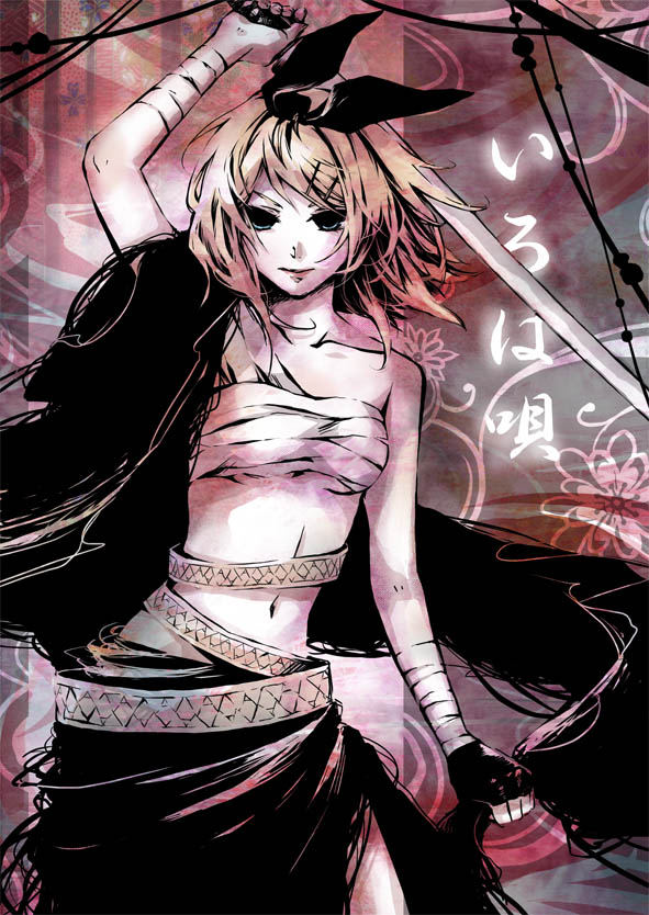 senbei (roof-lock), kagamine rin, iroha uta (vocaloid), vocaloid, bad id, bad pixiv id, aqua eyes, blonde hair, hair ornament, hair ribbon, hairclip, japanese clothes, katana, midriff, ribbon, sarashi, short hair, solo, sword, weapon