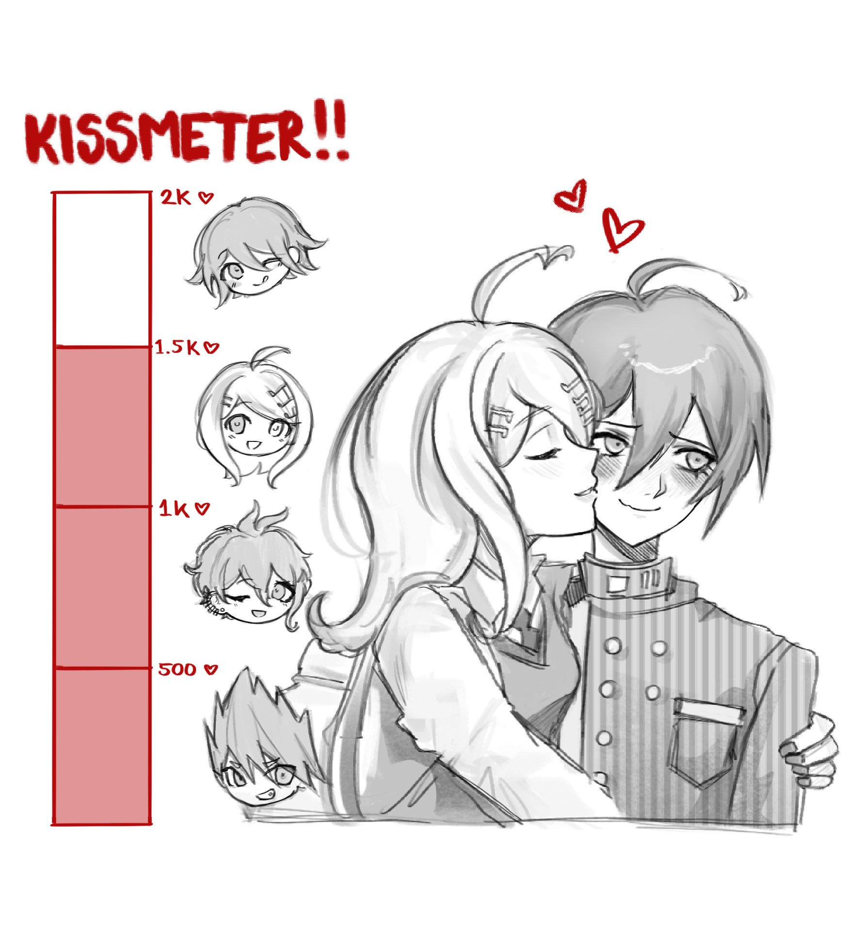 akamatsu kaede, amami rantaro, momota kaito, oma kokichi, saihara shuichi, danganronpa (series), danganronpa v3: killing harmony, highres, 1girl, 4boys, :d, ;q, ahoge, antenna hair, backpack, bag, breast pocket, collared shirt, fortissimo, grin, hair ornament, hetero, jacket, kiss, long hair, long sleeves, multiple boys, musical note, musical note hair ornament, necktie, one eye closed, open mouth, pocket, shirt, short hair, simple background, smile, spiked hair, striped clothes, striped jacket, teeth, tongue, tongue out, vest, vixx (vixiolatte), white background