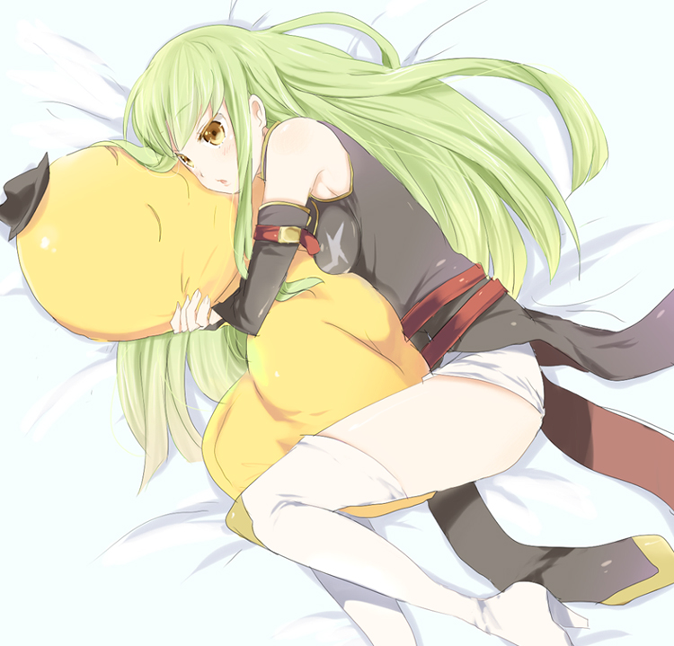 kl (dgzonbi), c.c., cheese-kun, code geass, pizza hut, 00s, 1girl, bare shoulders, belt, blush, boots, detached sleeves, female focus, fetal position, gloves, green hair, hat, high heels, hug, long hair, lying, on side, shoes, solo, thigh boots, thighhighs, yellow eyes