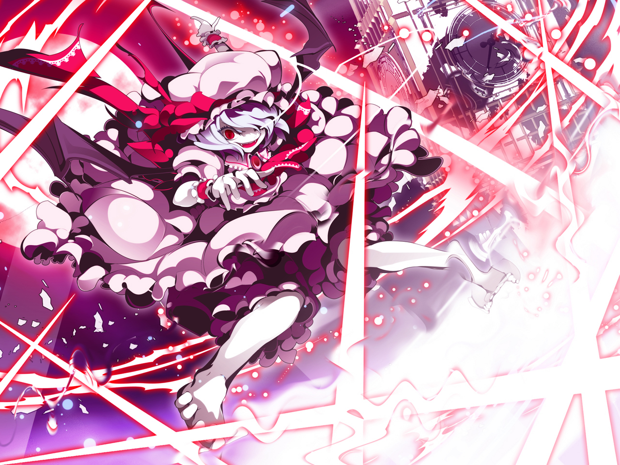 uki (room 405), remilia scarlet, touhou, 1girl, barefoot, bat wings, battle, blue hair, clock, clock tower, danmaku, fangs, female focus, floating, gradient background, hat, moon, red eyes, red moon, short hair, solo, tower, wings
