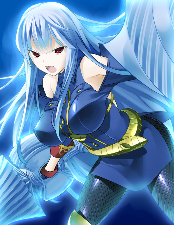 chikugen shiina, selvaria bles, senjou no valkyria, senjou no valkyria (series), senjou no valkyria 1, silver hair, 00s, 1girl, bare shoulders, breasts, detached sleeves, female focus, gloves, glowing, lance, large breasts, long hair, military, military uniform, pantyhose, polearm, red eyes, shield, solo, weapon