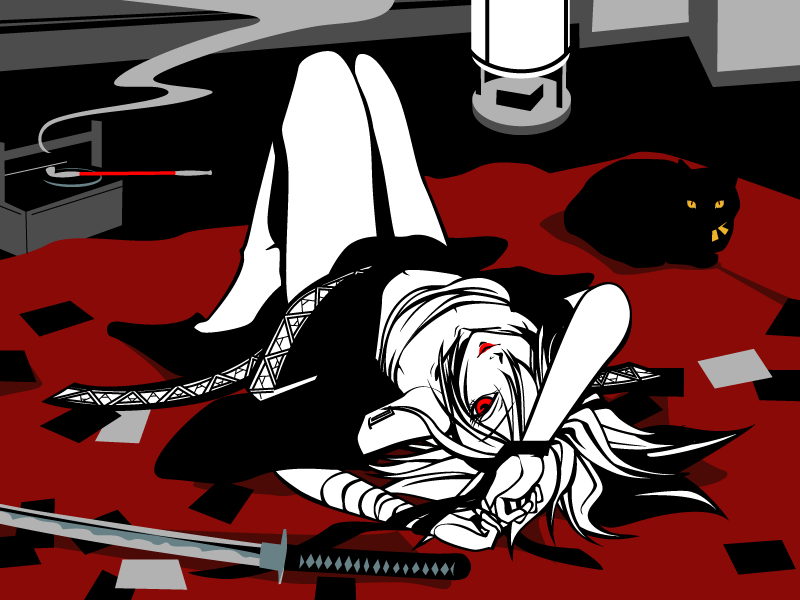 hecha, kagamine rin, iroha uta (vocaloid), vocaloid, 1girl, arms up, bdsm, bondage, bound, bound arms, cat, female focus, hair over one eye, japanese clothes, katana, kiseru, lying, monochrome, on back, red eyes, sarashi, short hair, smoking pipe, solo, spot color, sword, weapon
