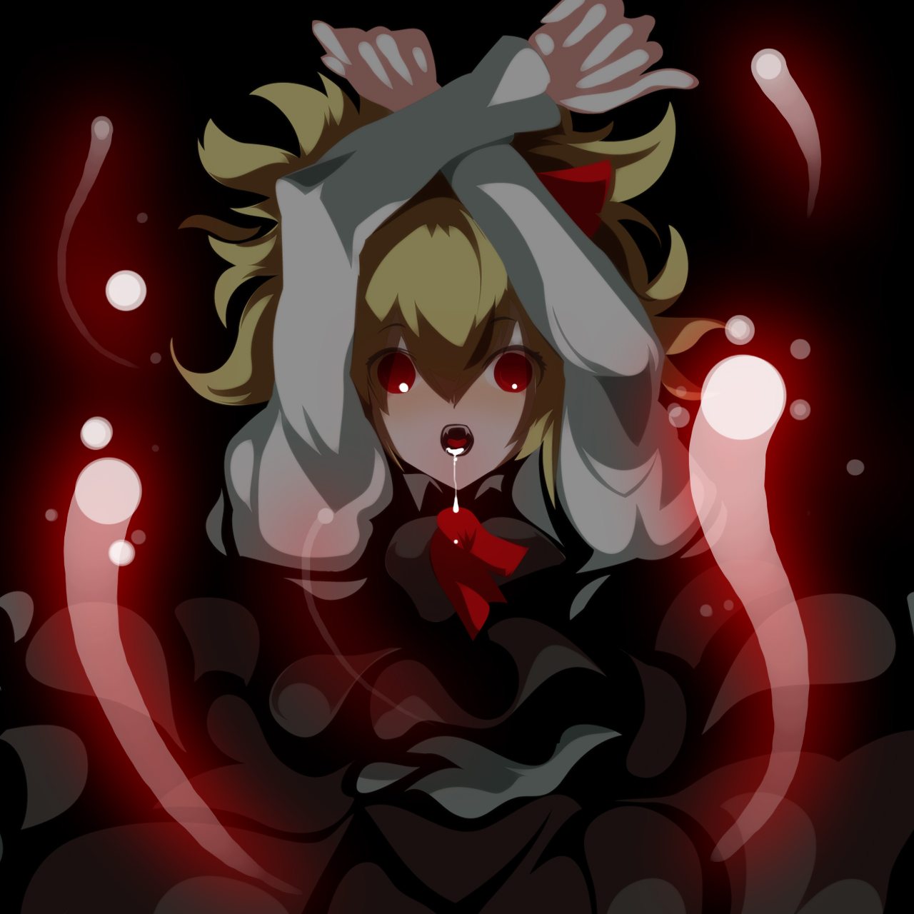 uki (room 405), rumia, embodiment of scarlet devil, touhou, highres, 1girl, arms up, blonde hair, darkness, drooling, fangs, female focus, hair ribbon, red eyes, ribbon, saliva, short hair, solo