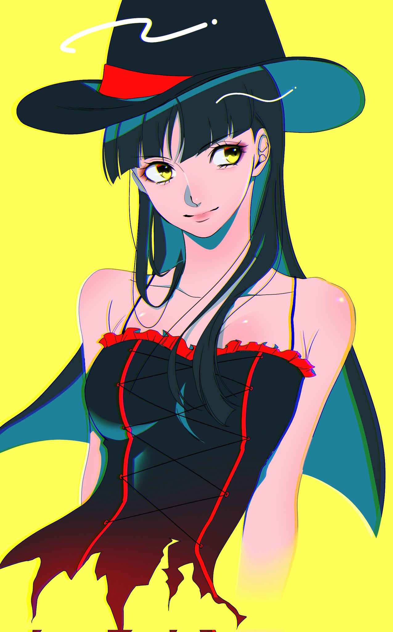 inuha dayo52, amagi yukiko, persona, persona 4, commentary request, corrupted twitter file, highres, 1girl, alternate costume, arms at sides, bare shoulders, black hair, black hat, breasts, closed mouth, cropped torso, cross-laced clothes, cross-laced top, hat, lace, lace-trimmed shirt, lace trim, long hair, looking to the side, medium breasts, shirt, sidelocks, simple background, sleeveless, sleeveless shirt, smile, solo, spaghetti strap, straight hair, white shirt, witch hat, yellow background, yellow eyes