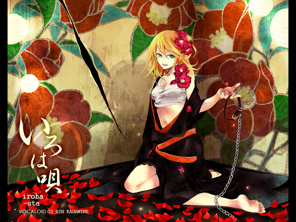 utako, kagamine rin, iroha uta (vocaloid), vocaloid, bad id, bad pixiv id, 1girl, aqua eyes, artistic error, bad anatomy, bad feet, barefoot, belt, blonde hair, camellia, chain, collar, feet, female focus, flower, japanese clothes, kimono, kneeling, leash, petals, poorly drawn, sarashi, short hair, solo, wrong foot