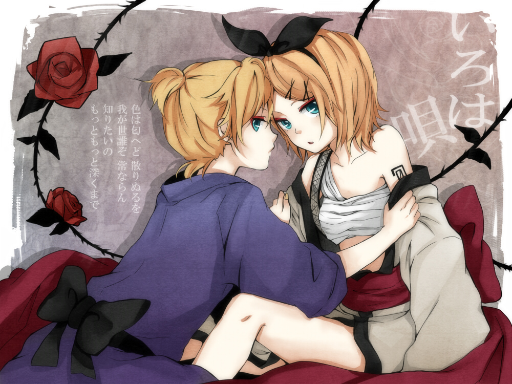 tama (songe), kagamine len, kagamine rin, iroha uta (vocaloid), vocaloid, traditional clothes, 1boy, 1girl, aqua eyes, bare shoulders, blonde hair, blue eyes, bow, brother and sister, flower, hair bow, hair ornament, hair ribbon, hairclip, japanese clothes, open mouth, ponytail, ribbon, rose, sarashi, short hair, siblings, twins