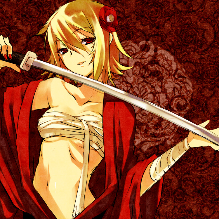 toranosuke, kagamine rin, iroha uta (vocaloid), vocaloid, bad id, bad pixiv id, 1girl, blonde hair, female focus, flower, japanese clothes, katana, nail polish, red eyes, red nails, sarashi, short hair, solo, sword, tongue, weapon