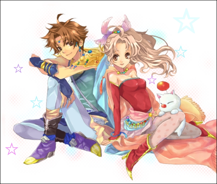 uni (gumin), bartz klauser, moogle, tina branford, dissidia final fantasy, final fantasy, final fantasy v, final fantasy vi, 1990s (style), arm support, blonde hair, boots, bracelet, bridal gauntlets, brown eyes, brown hair, cape, detached sleeves, dress, earrings, gloves, hair ribbon, high heels, jewelry, long hair, pantyhose, ponytail, red dress, ribbon, shoes, short dress, shoulder pads, sitting, smile, star (symbol)