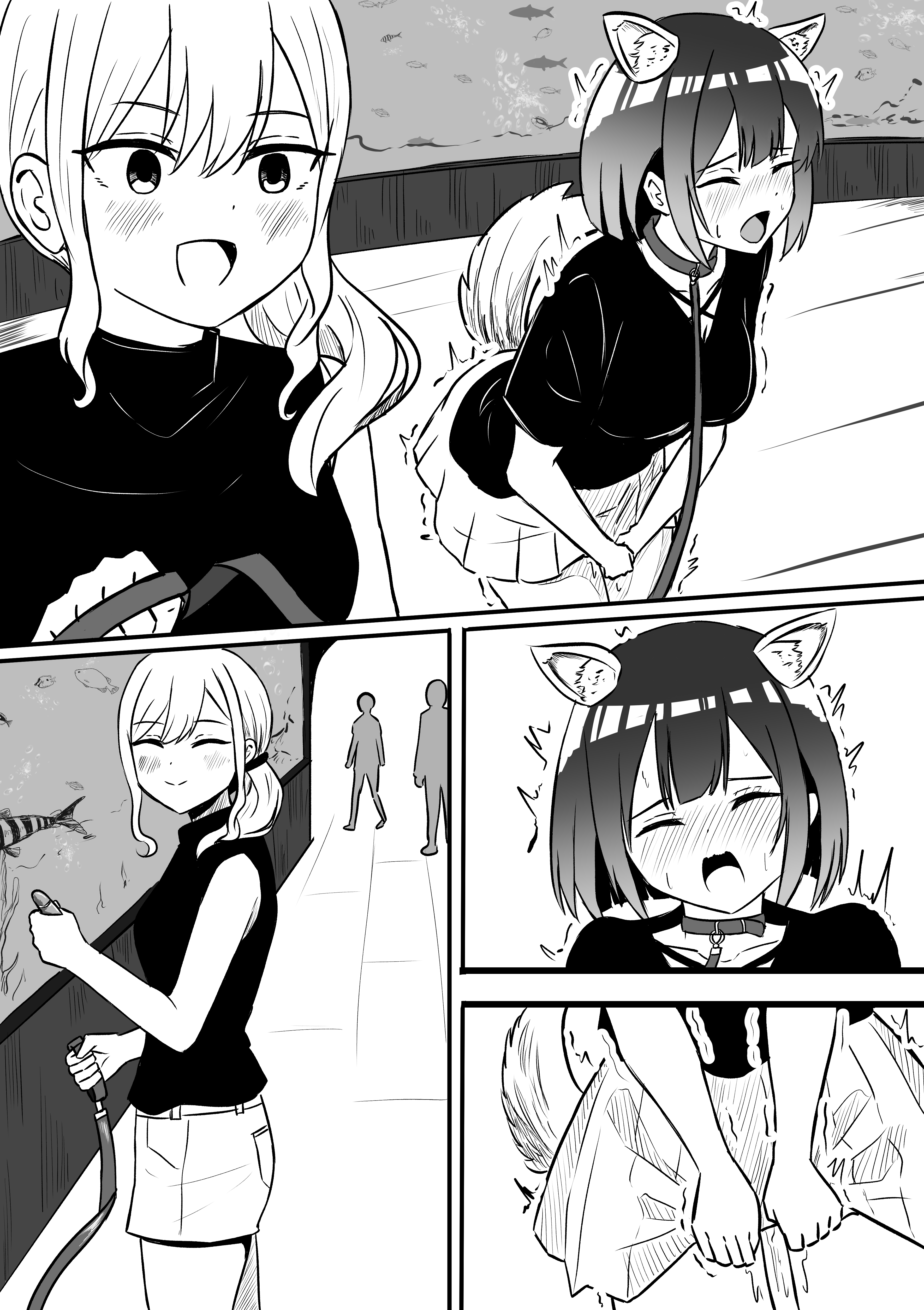 jussayuranhijau, suzukaze suzu, yuutani yuu, bad girl (manga), 2girls, animal ears, blush, breasts, closed eyes, dog ears, dog tail, fake animal ears, fake tail, greyscale, leash, monochrome, multiple girls, open mouth, peeing, peeing self, small breasts, smile, tail