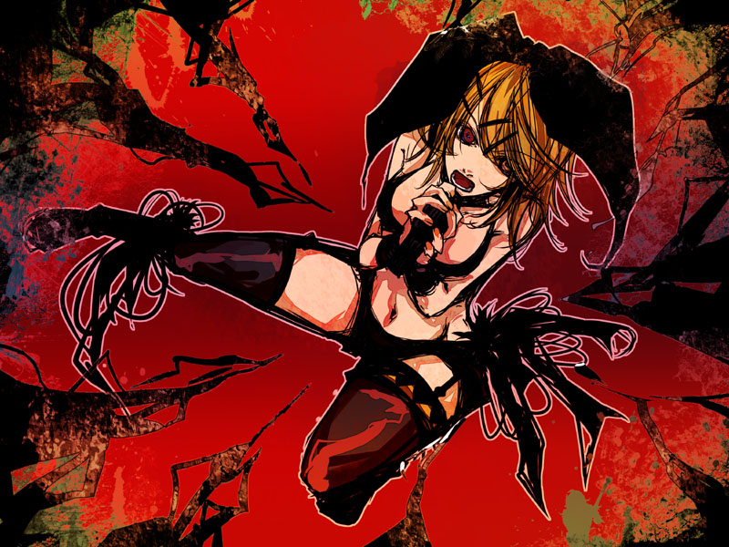 shiinoyuko, kagamine rin, vocaloid, bad id, bad pixiv id, blonde hair, hair ribbon, microphone, midriff, navel, red eyes, ribbon, short hair, shorts, solo, thighhighs