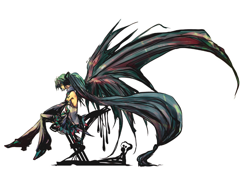 shiinoyuko, hatsune miku, vocaloid, bad id, bad pixiv id, detached sleeves, green hair, long hair, simple background, sitting, skirt, solo, twintails, very long hair