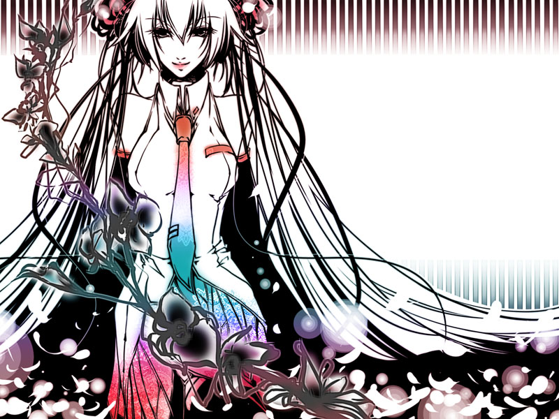 shiinoyuko, hatsune miku, vocaloid, flower, long hair, necktie, skirt, smile, solo, twintails, very long hair