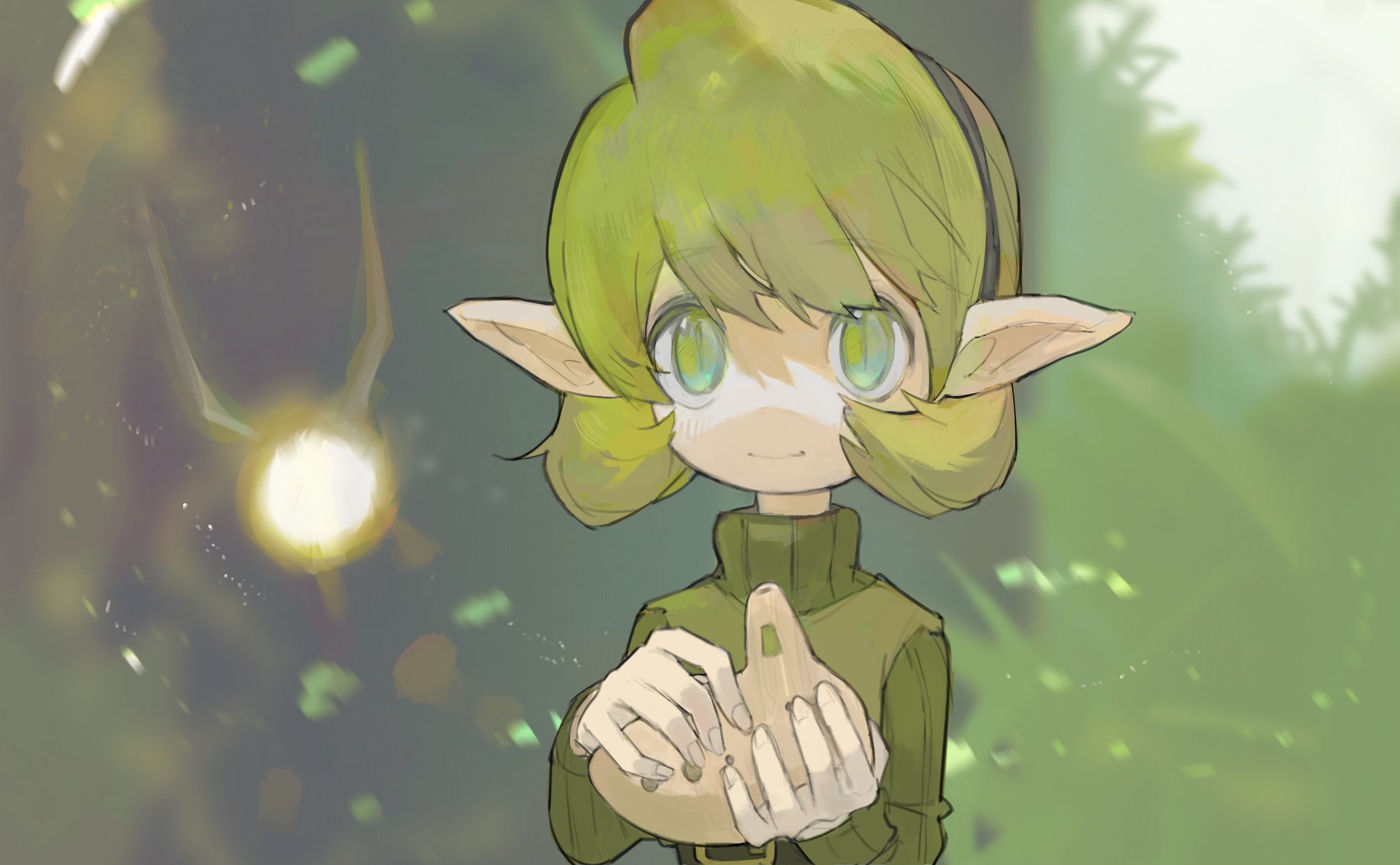 ni (nimame629), saria (zelda), nintendo, the legend of zelda, the legend of zelda: ocarina of time, highres, 1girl, blurry, blurry background, facing viewer, fairy, forest, green eyes, green hair, hairband, holding, holding instrument, instrument, looking at viewer, medium hair, nature, ocarina, pointy ears, smile, solo, sweater, turtleneck, turtleneck sweater, upper body