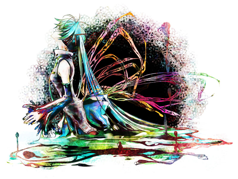 shiinoyuko, hatsune miku, vocaloid, bad id, bad pixiv id, aqua hair, colorful, detached sleeves, long hair, necktie, skirt, solo, twintails