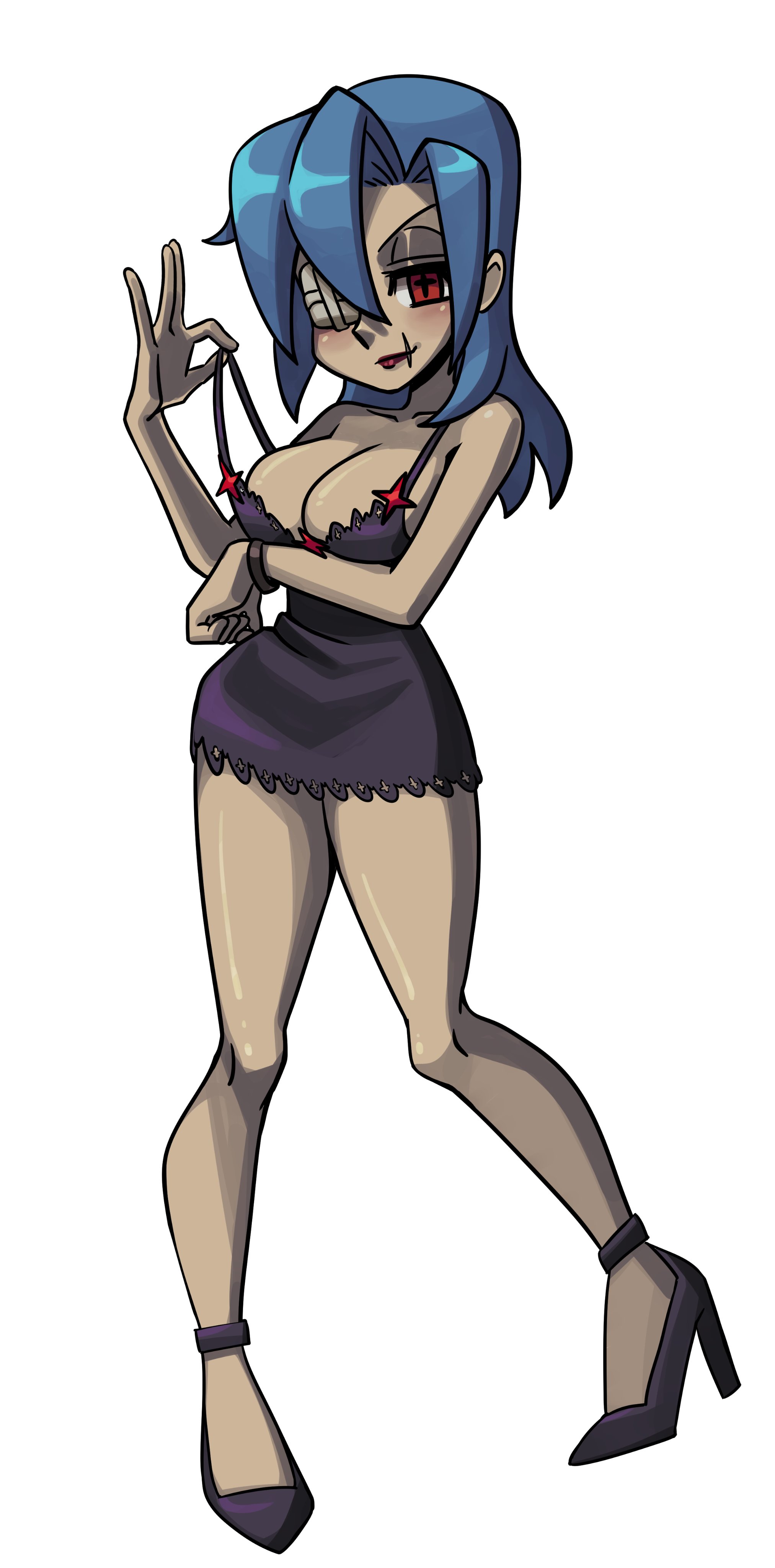 madamerinrin, valentine (skullgirls), skullgirls, absurdres, highres, 1girl, arm under breasts, blue hair, blush, breasts, eyepatch, full body, hair down, half-closed eyes, high heels, large breasts, lipstick, looking at viewer, makeup, nightgown, official alternate costume, pigeon-toed, red eyes, red lips, scar, scar on face, scar on mouth, smile, solo, strap pull, white background