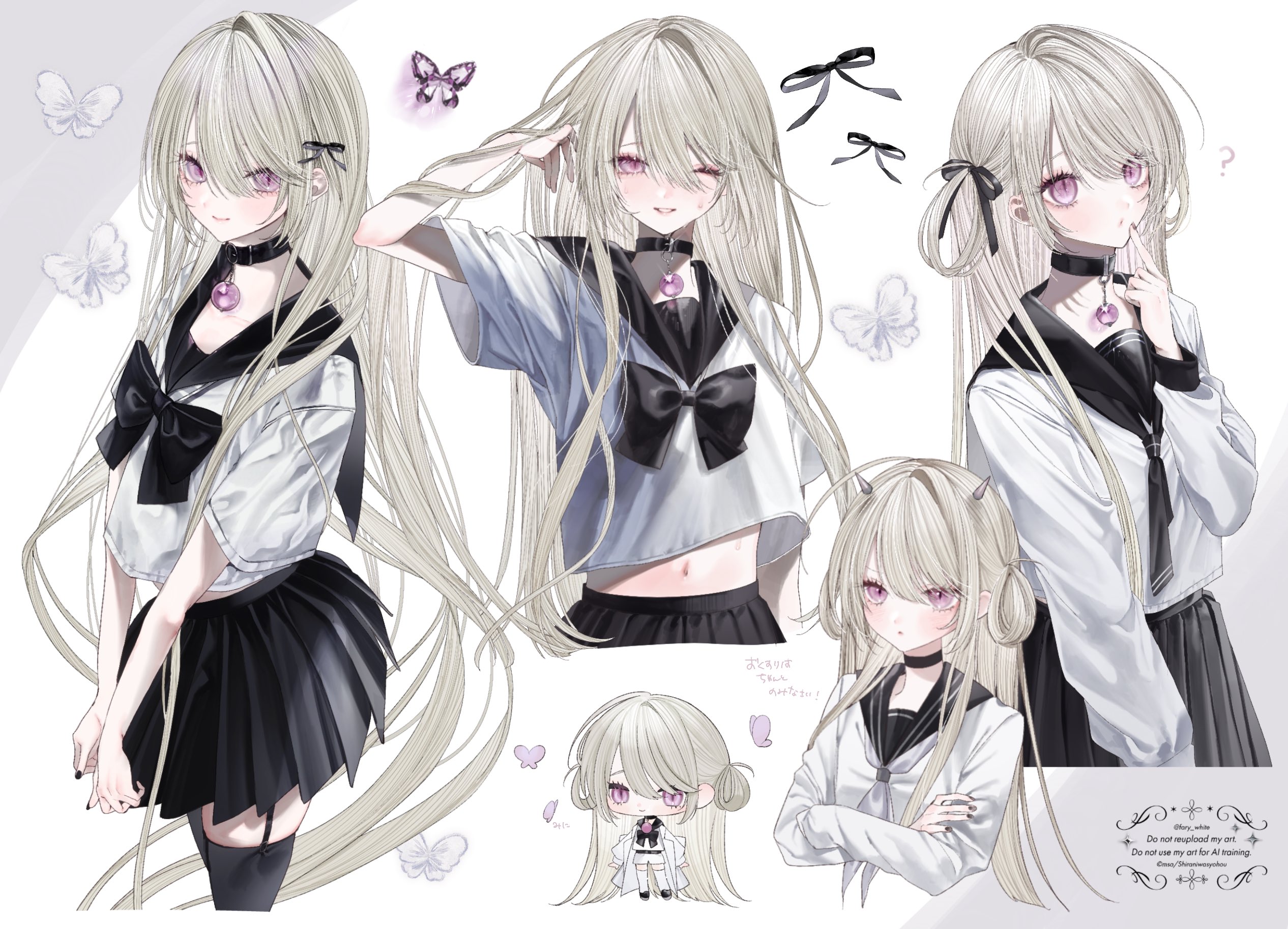 msa (fary white), original, commentary request, highres, 1girl, black bow, black choker, black sailor collar, black skirt, black thighhighs, blonde hair, blush, bow, brooch, bug, butterfly, chibi, choker, closed mouth, crossed arms, hair bow, hair ornament, insect, jewelry, long hair, long sleeves, looking at viewer, multiple views, navel, phalaenopsis (msa (fary white)), pleated skirt, purple eyes, sailor collar, school uniform, shirt, simple background, skirt, smile, thighhighs, very long hair, white background, white shirt, zettai ryouiki