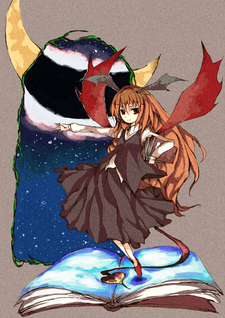 hei (tonarinohey), koakuma, embodiment of scarlet devil, touhou, bad id, bad pixiv id, 1girl, book, female focus, full body, head wings, long hair, red eyes, red hair, solo, tail, wings