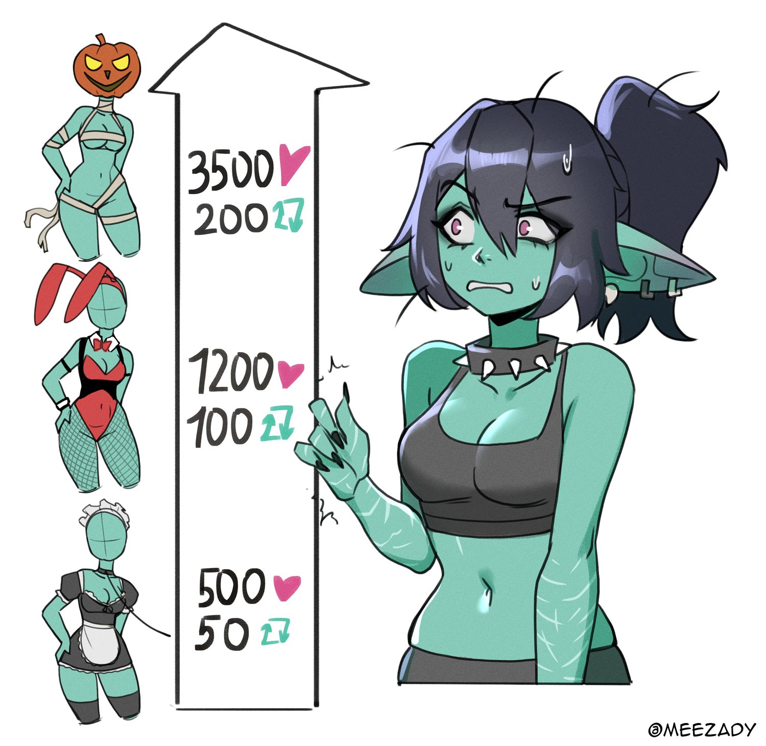 roxxxan, original, commentary, english commentary, highres, 1girl, apron, bare arms, black collar, black dress, black hair, black shirt, breasts, cleavage, collar, collarbone, colored skin, crop top, cropped legs, dress, fishnet pantyhose, fishnets, goblin, green skin, large breasts, leotard, maid, maid headdress, mummy costume, navel, pantyhose, playboy bunny, ponytail, pumpkin, red leotard, shirt, short dress, simple background, spiked collar, spikes, stomach, sweat, waist apron