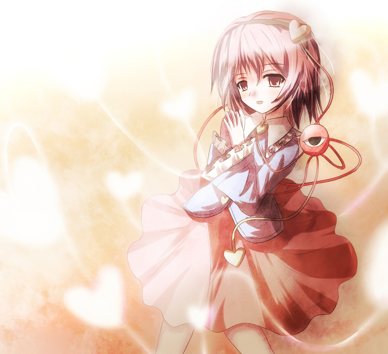 non (nobu), non (nobu1031), komeiji satori, touhou, 1girl, eyeball, female focus, gradient background, hairband, heart, own hands clasped, own hands together, pink eyes, pink hair, short hair, skirt, solo, white background