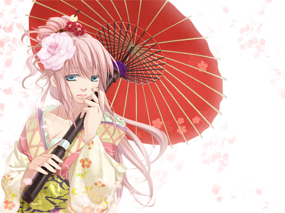 natsu (pixiv312174), megurine luka, vocaloid, 1girl, alternate hairstyle, artistic error, blue eyes, breasts, cleavage, female focus, flower, hair flower, hair ornament, hairband, japanese clothes, kimono, oil-paper umbrella, parasol, petals, pink hair, solo, sword, umbrella, weapon