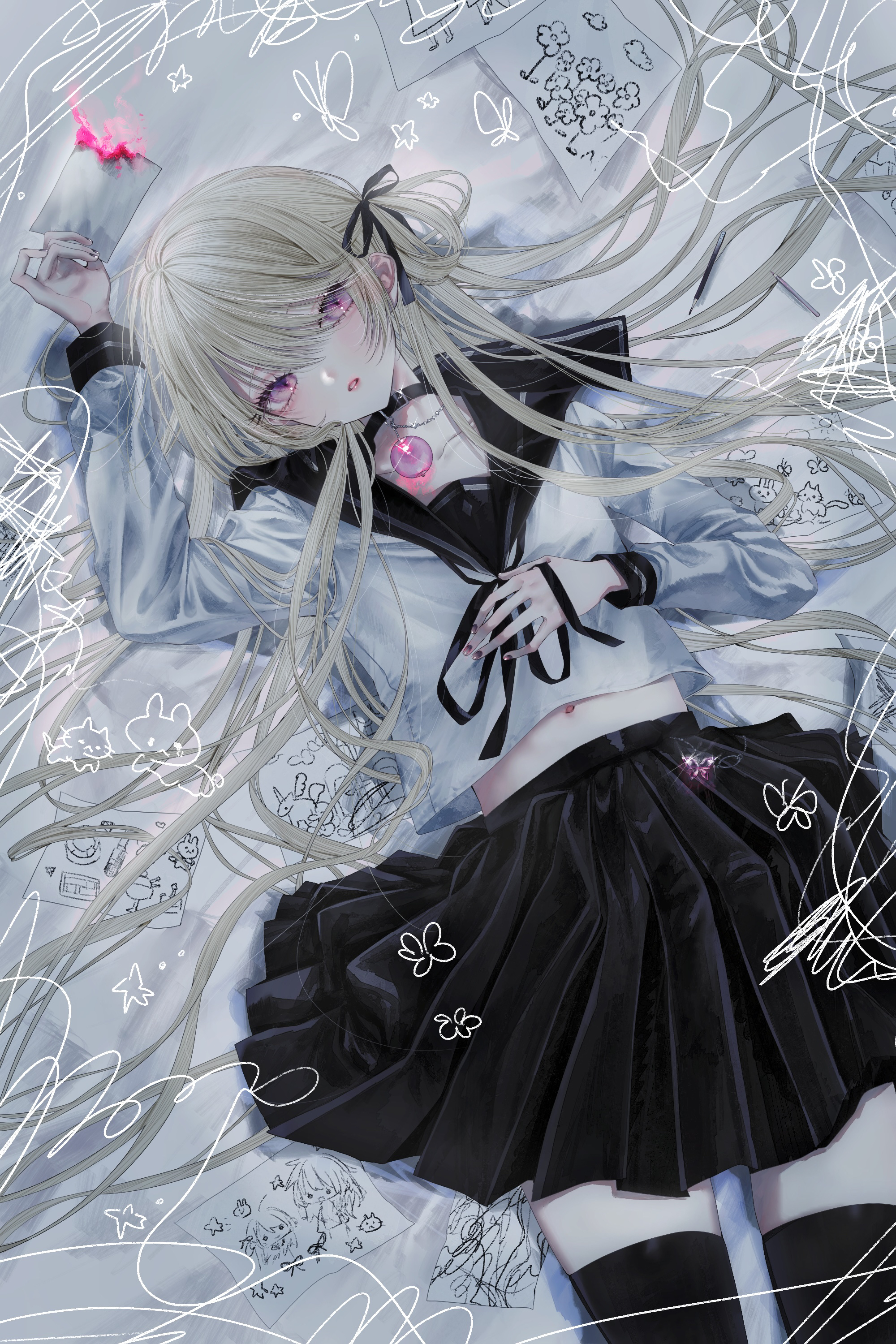 msa (fary white), huion, original, absurdres, commentary request, highres, 1girl, black thighhighs, blonde hair, blush, choker, expressionless, long hair, looking at viewer, lying, navel, on back, parted lips, phalaenopsis (msa (fary white)), pink eyes, school uniform, serafuku, skirt, solo, thighhighs, very long hair, zettai ryouiki