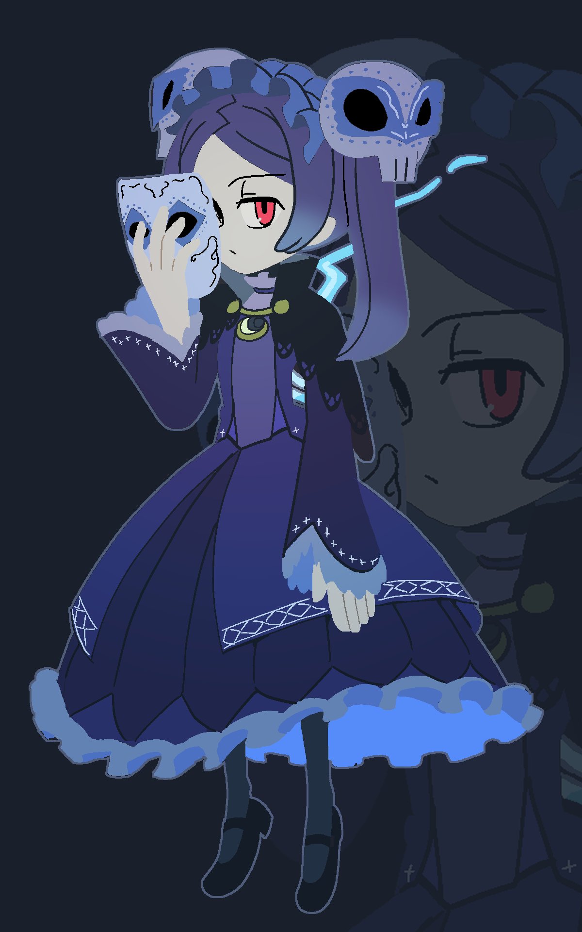 kuroirozuki, bloody marie (skullgirls), skullgirls, highres, 1girl, alternate costume, brooch, capelet, dress, frilled dress, frilled sleeves, frills, full body, grey hair, hair ornament, half-closed eyes, jewelry, looking at viewer, maid headdress, mary janes, mask, mask pull, pantyhose, red eyes, shoes, skull hair ornament, solo, twintails, unworn mask