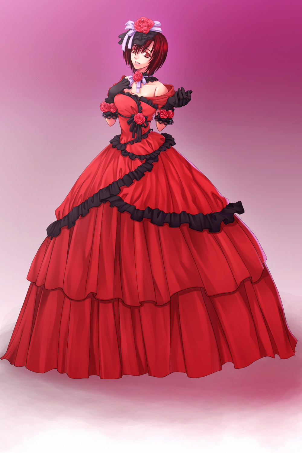 natsu (pixiv312174), meiko (vocaloid), vocaloid, highres, 1girl, bare shoulders, bell line gown, breasts, brown hair, cleavage, dress, female focus, flower, frills, full body, gloves, gown, gradient background, hair ribbon, red dress, red eyes, ribbon, rose, short hair, solo