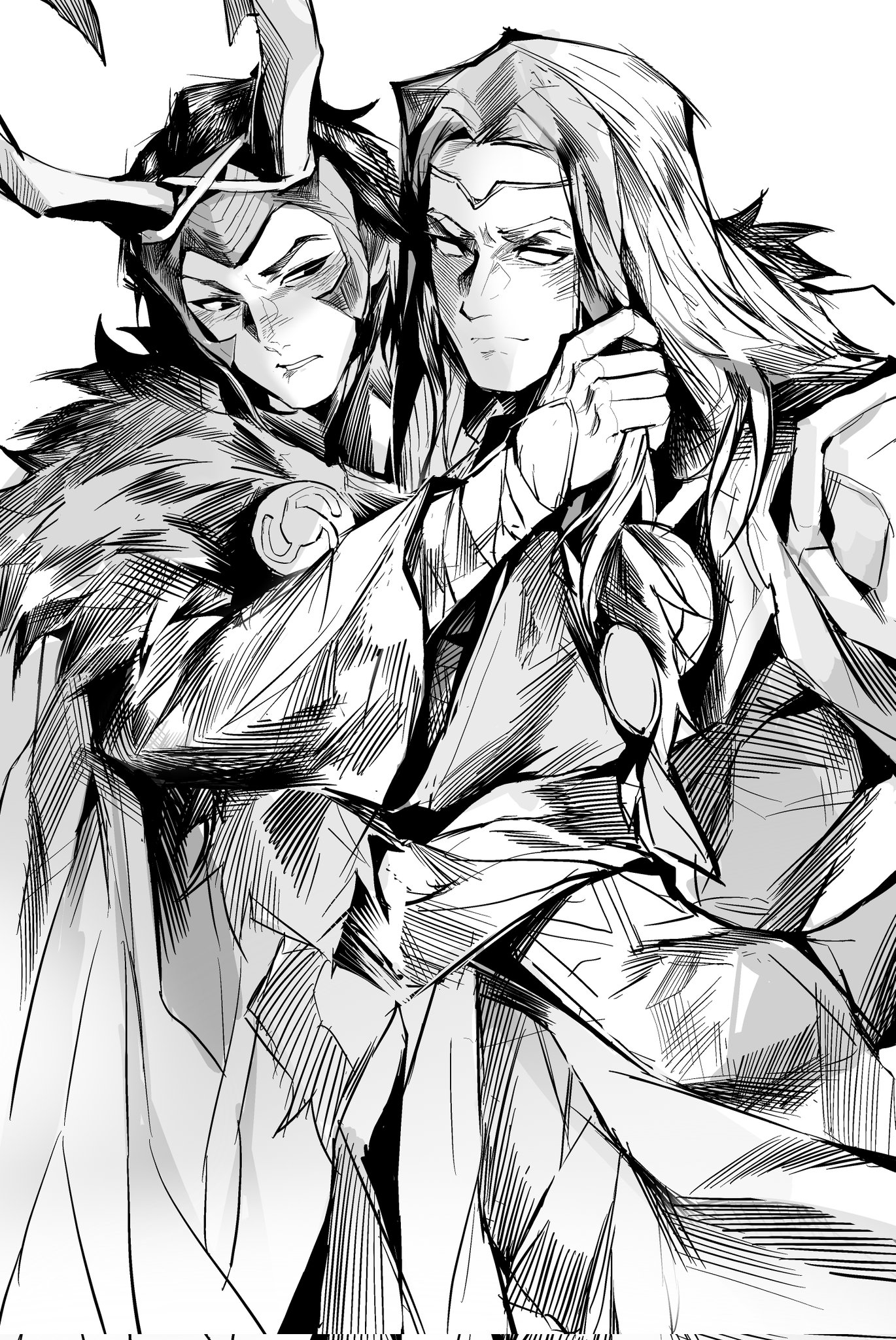 songtanshui02, loki (marvel), thor (marvel), marvel, marvel rivals, thor (marvel) (series), highres, 2boys, brothers, circlet, disgust, fake horns, fur trim, greyscale, hatching (texture), horned headwear, horns, japanese clothes, loki (shin sagi-shi) (marvel), long hair, male focus, monochrome, multiple boys, no pupils, official alternate costume, parted hair, parted lips, siblings, sketch, smile