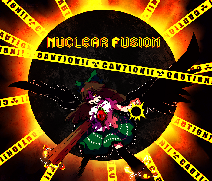 kikuseki, reiuji utsuho, touhou, bad id, bad pixiv id, 1girl, black wings, bow, brown hair, female focus, grin, hair bow, long hair, red eyes, skirt, smile, solo, wings