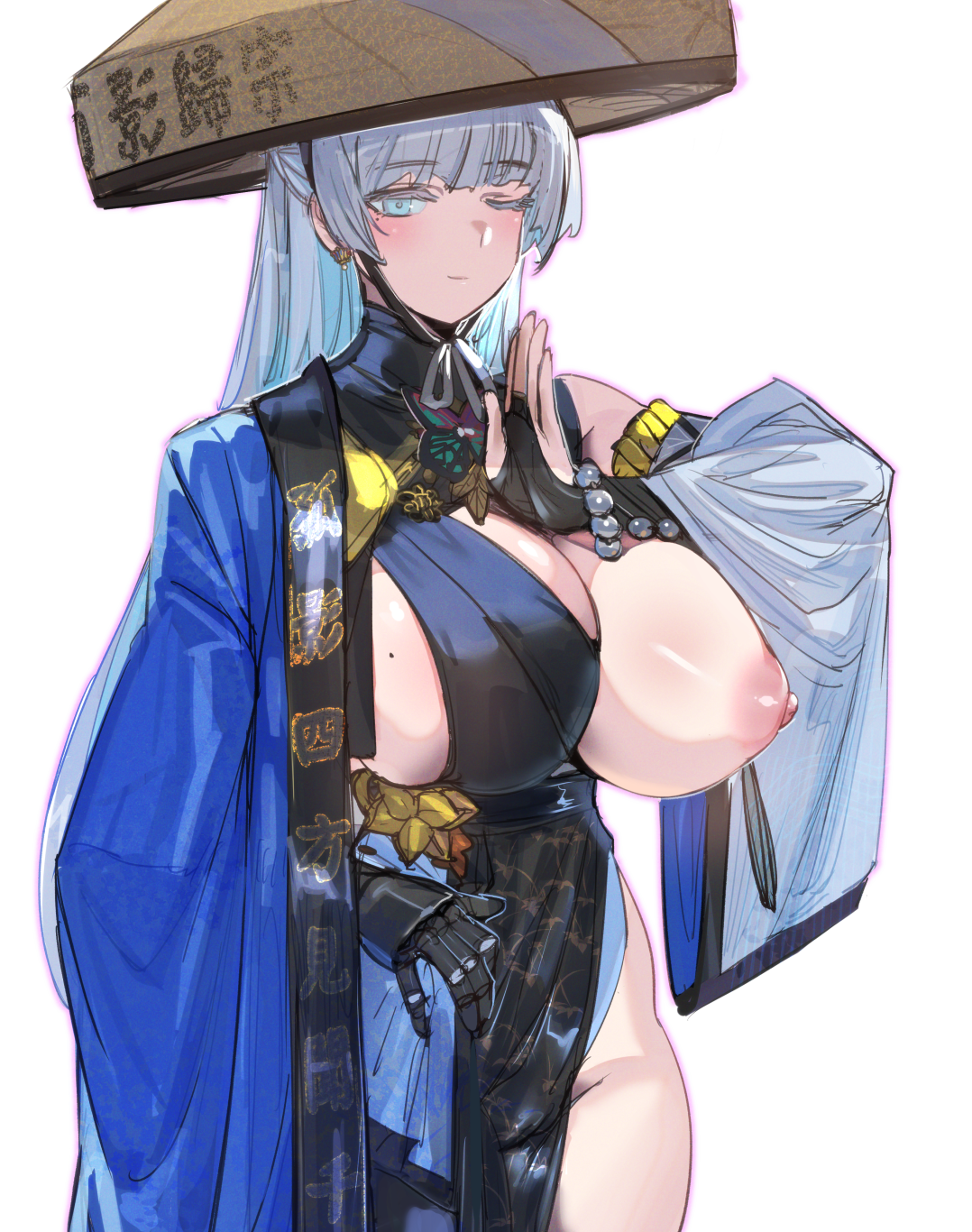 bow (bhp), nayuta (nikke), goddess of victory: nikke, highres, 1girl, black dress, blue eyes, blue haori, breasts, dress, earrings, haori, hat, huge breasts, japanese clothes, jewelry, jingasa, long hair, looking at viewer, nipples, one breast out, shakujou, simple background, solo, staff, very long hair, white background, white hair
