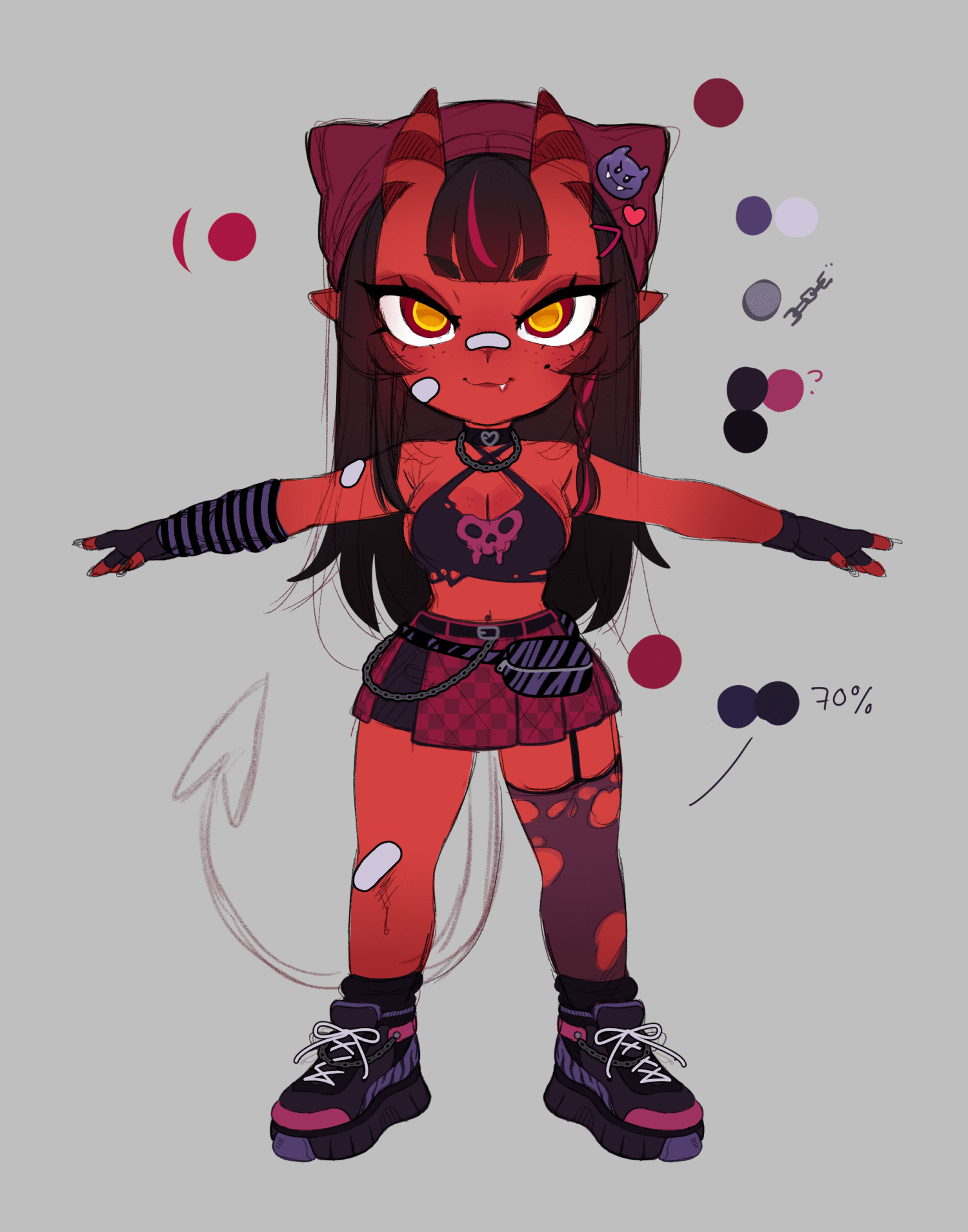 merunyaa, original, highres, unfinished, 1girl, bare shoulders, black hair, black shoes, breasts, cleavage, colored skin, demon girl, demon horns, demon tail, fang, fingerless gloves, freckles, full body, gloves, grey background, horns, large breasts, long hair, miniskirt, navel, orange eyes, pleated skirt, red eyes, red skin, red skirt, shoes, simple background, single thighhigh, skirt, smile, solo, standing, tail, thighhighs, torn clothes, torn thighhighs