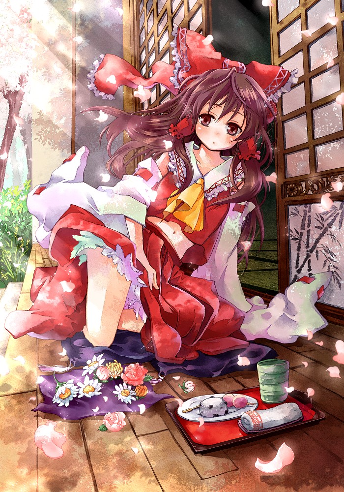 m (pixiv), hakurei reimu, touhou, bad id, bad pixiv id, 1girl, :o, blush, brown hair, cherry blossoms, cup, detached sleeves, female focus, flower, food, navel, plate, sliding doors, solo, tatami, tray, veranda, yunomi