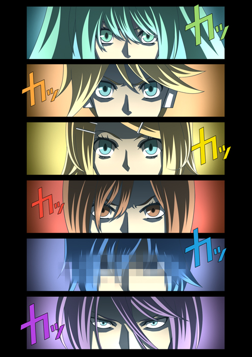 terumii, hatsune miku, kagamine len, kagamine rin, kaito (vocaloid), kamui gakupo, meiko (vocaloid), atlus, persona, vocaloid, 3boys, 3girls, aqua eyes, aqua hair, blonde hair, blue eyes, blue hair, brown eyes, brown hair, censored, censored identity, column lineup, headphones, multiple boys, multiple girls, parody, persona eyes, purple hair, short hair