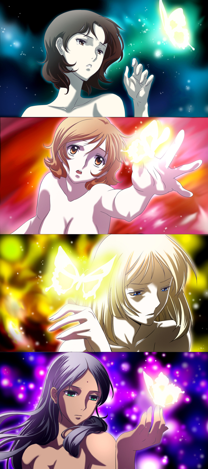 mytyl, fraw bow, lalah sune, mirai yashima, sayla mass, gundam, gundam 00, mobile suit gundam, bad id, bad pixiv id, highres, long image, tall image, 4girls, bindi, bug, butterfly, dark-skinned female, dark skin, insect, multiple girls, nude, parody, star (symbol), trait connection