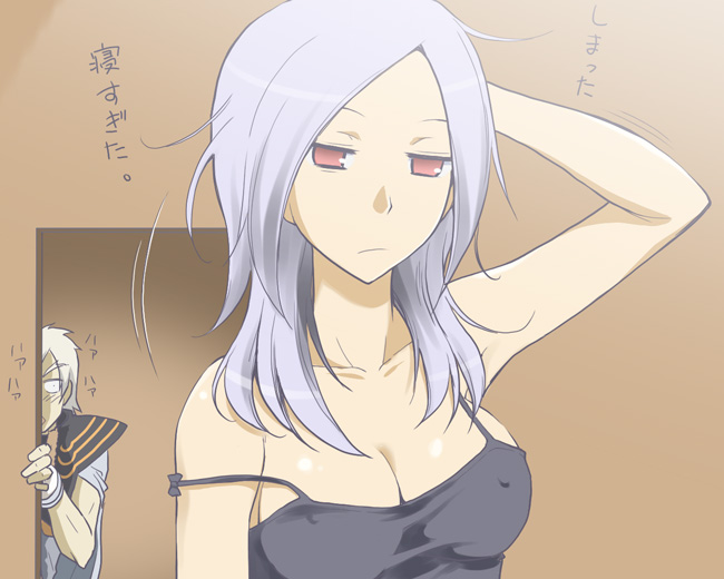 hiroyoshi, eas (fresh precure!), higashi setsuna, nishi hayato, wester, wester (fresh precure!), fresh precure!, precure, silver hair, 00s, 1boy, 1girl, breasts, cleavage, large breasts, red eyes, strap slip, tank top