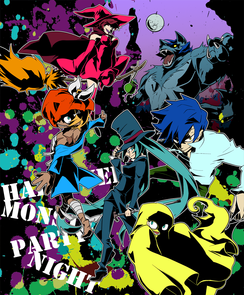 tawashi(pixiv50960), hatsune miku, kagamine len, kagamine rin, kaito (vocaloid), meiko (vocaloid), vocaloid, bad id, bad pixiv id, 2boys, 3girls, aqua eyes, aqua hair, blonde hair, blue hair, broom, broom riding, brown hair, dress, fangs, formal clothes, full moon, hair ribbon, halloween, hat, high contrast, jack-o'-lantern, long hair, moon, multiple boys, multiple girls, pumpkin, pumpkin hat, red dress, ribbon, scar, short hair, smile, suit, very long hair, werewolf, witch hat, yellow eyes