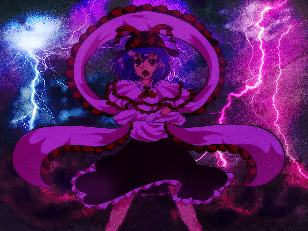 96, culotte (hosenrock), nagae iku, top wo nerae!, top wo nerae! (series), touhou, bad id, bad pixiv id, 1girl, blue hair, female focus, frills, hat, legs apart, lightning, looking at viewer, open mouth, parody, red eyes, short hair, solo