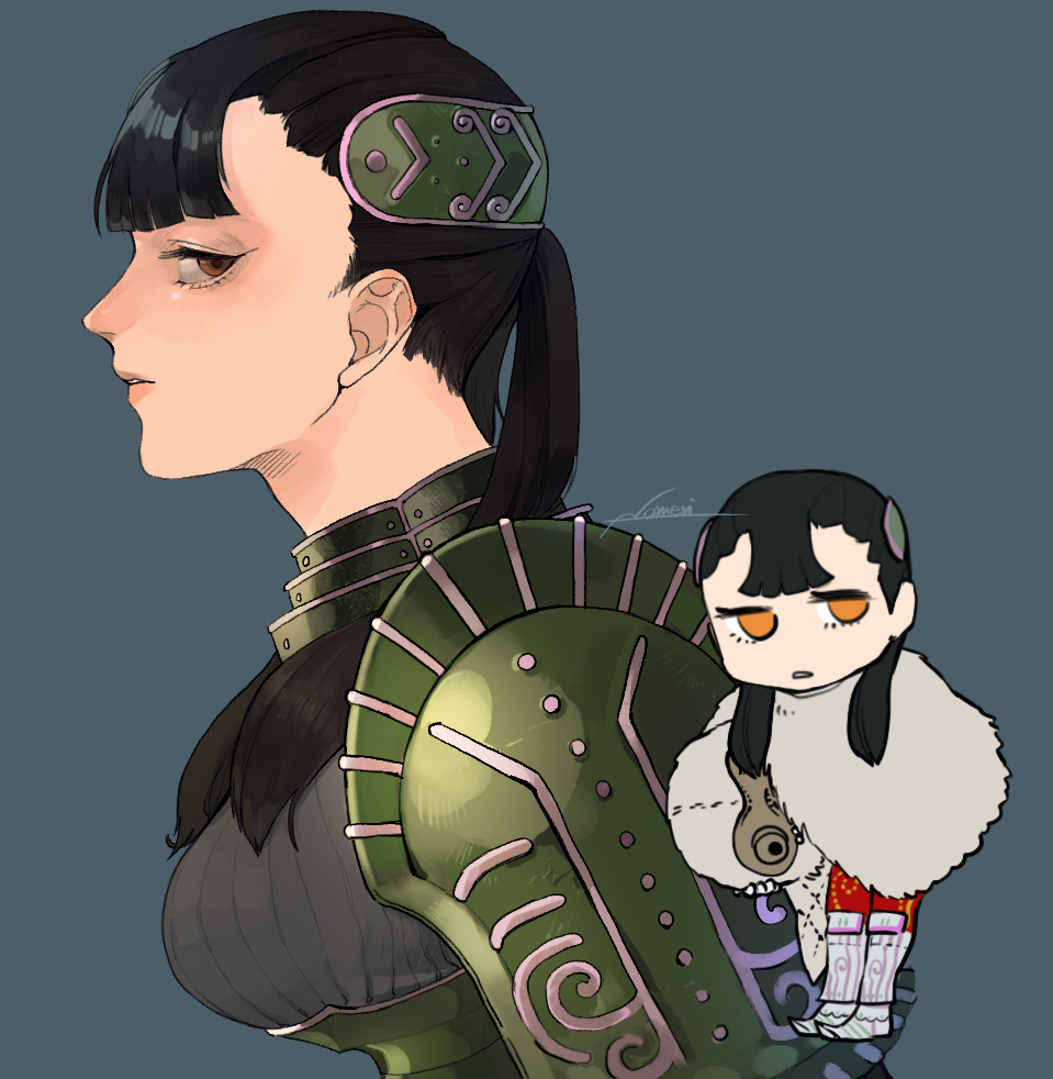 nomeringo, ashei, nintendo, the legend of zelda, the legend of zelda: twilight princess, 1girl, armor, armored boots, armored collar, artist name, black hair, boots, breasts, chibi, cloak, eyelashes, fur cloak, greaves, grey background, grey sweater, hair ornament, holding, holding mask, jitome, long hair, looking at viewer, mask, medium breasts, multiple views, no pupils, orange eyes, pants, parted lips, pauldrons, profile, red pants, ribbed sweater, short twintails, shoulder armor, signature, simple background, single pauldron, sweater, twintails, underbust