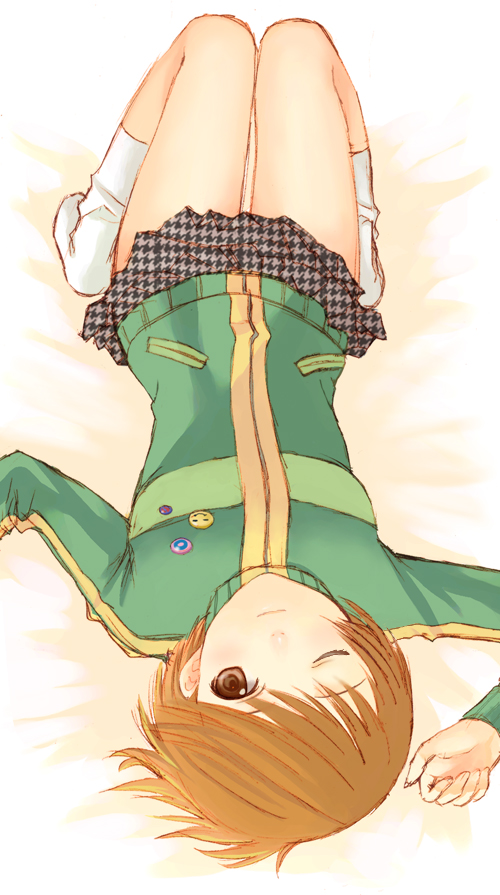 seiru (prairie), satonaka chie, atlus, persona, persona 4, 1girl, brown eyes, brown hair, female focus, houndstooth, one eye closed, solo, wink