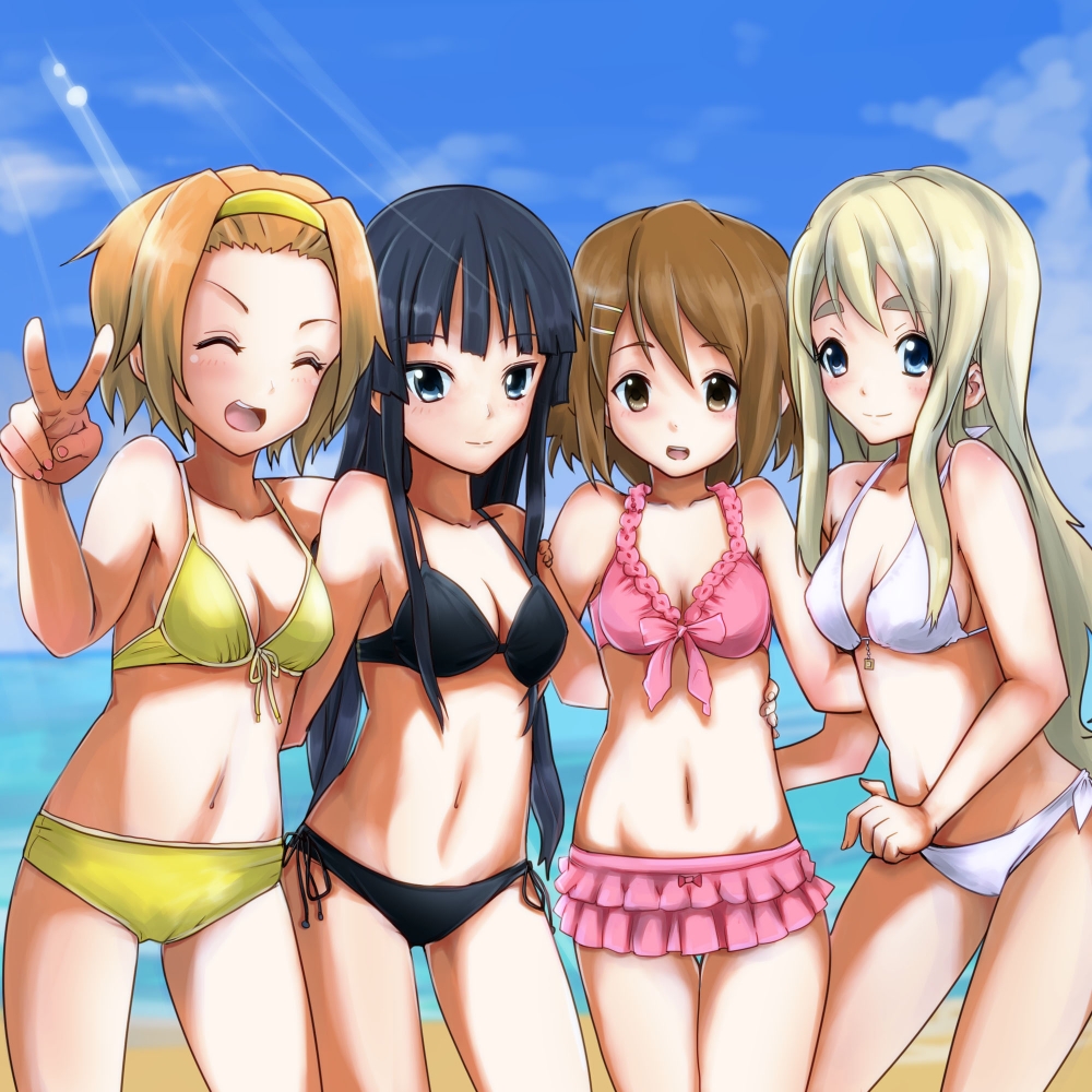 koyama (gantz0409jp), akiyama mio, hirasawa yui, kotobuki tsumugi, tainaka ritsu, k-on!, 00s, 4girls, beach, bikini, black eyes, black hair, blonde hair, blue eyes, brown eyes, brown hair, closed eyes, day, hairband, ho-kago tea time, long hair, multiple girls, outdoors, short hair, swimsuit, tomboy, v