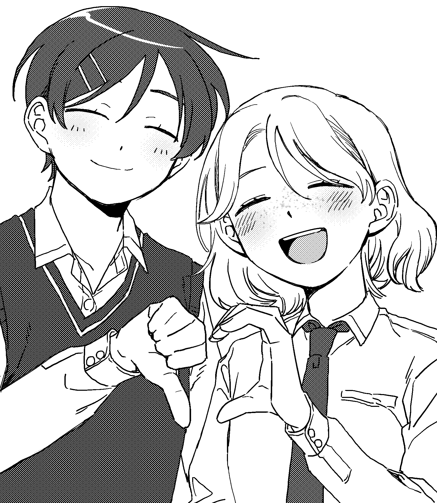 rra (yj), kouyama rin, tsuru asaka, futsuu no keion-bu, highres, 2girls, :d, ^ ^, blush, breast pocket, closed eyes, collared shirt, dress shirt, freckles, greyscale, hair ornament, hairpin, heart hands failure, height difference, long sleeves, monochrome, multiple girls, necktie, open mouth, pixie cut, pocket, school uniform, screentones, shirt, short hair, smile, sweater vest, thumbs down, upper body