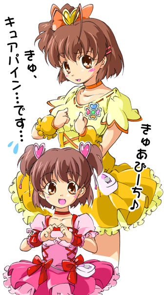 umanosuke, cure peach, cure pine, furukawa nagisa, okazaki ushio, clannad, fresh precure!, precure, translation request, 2girls, antenna hair, brown eyes, brown hair, child, cosplay, cure peach (cosplay), cure pine (cosplay), family, four-finger heart hands, hair ornament, heart, heart hair ornament, heart hands, magical girl, mother and daughter, multiple girls, short hair, short twintails, side ponytail, twintails