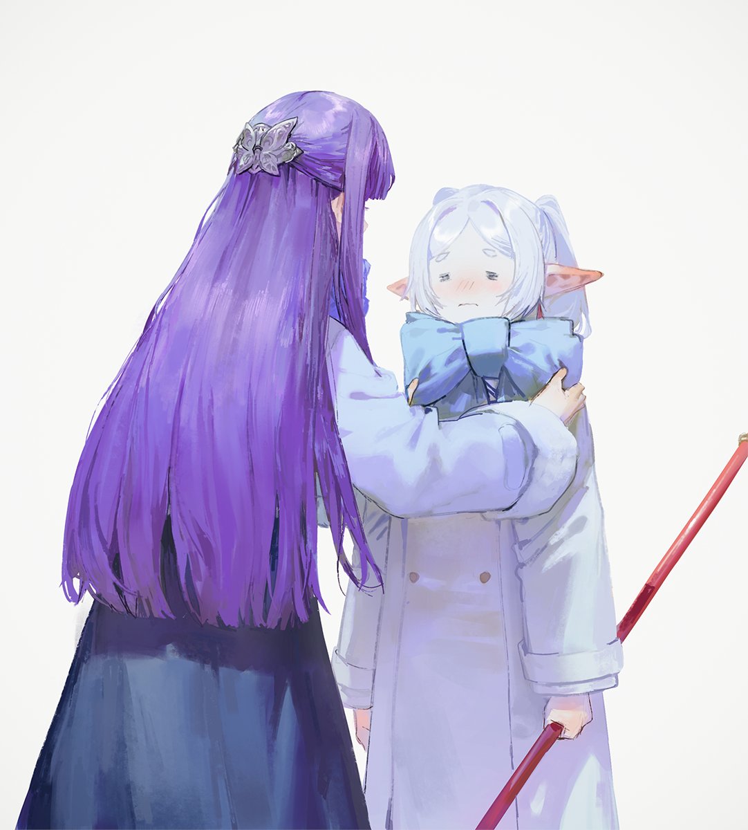 quasarcake, fern (sousou no frieren), frieren, sousou no frieren, highres, 2girls, = =, blue dress, blue scarf, blush, butterfly hair ornament, closed mouth, coat, double-parted bangs, dress, ear blush, elf, fur trim, hair ornament, half updo, holding, holding staff, jacket, long hair, multiple girls, pointy ears, purple hair, scarf, scarf tying, sidelocks, staff, twintails, white coat, white hair, white jacket