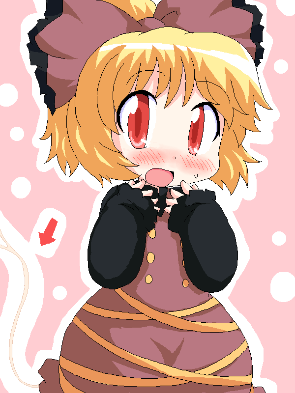 geetsu, kurodani yamame, touhou, 1girl, arrow (projectile), blonde hair, blush, chibi, female focus, oekaki, open mouth, ribbon, short hair, solo, thread