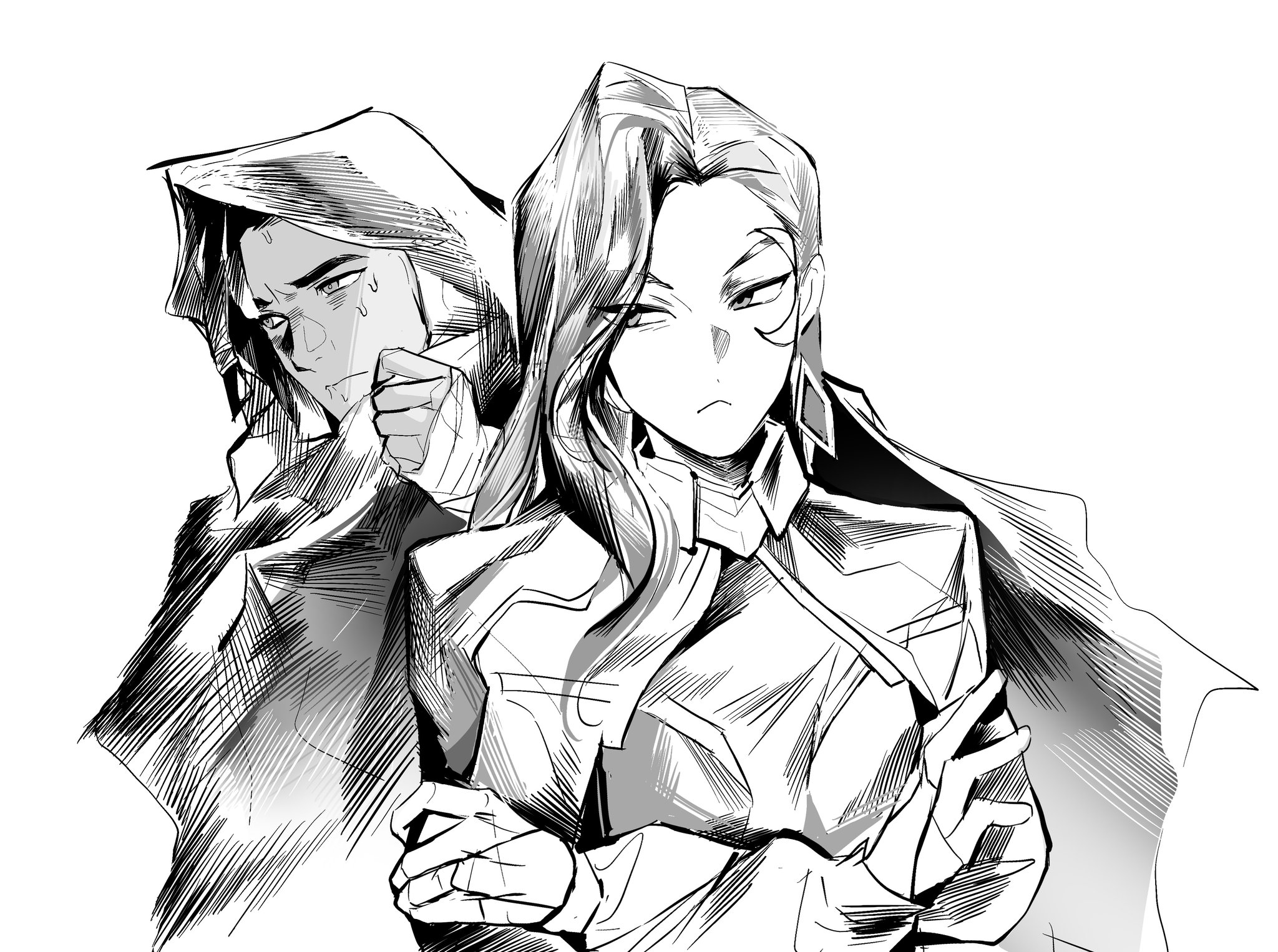 songtanshui02, cloak (marvel), dagger (marvel), marvel, marvel rivals, hashtag-only commentary, highres, 1boy, 1girl, cloak, couple, crescent, crescent facial mark, crossed arms, dreadlocks, earrings, facial mark, frown, greyscale, hatching (texture), hetero, jacket, jewelry, long hair, looking back, looking to the side, monochrome, nervous, sketch, sweatdrop